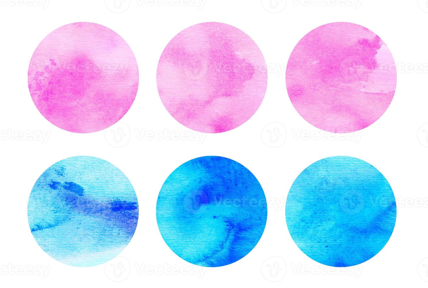 Blue and pink watercolor circles set. Round bright colorful geometric shapes on white background. Aquarelle stains on paper texture. Abstract art. Template for your design. photo