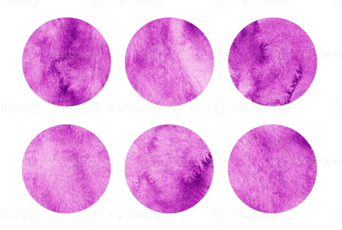 Bright pink watercolor circles set. Fuchsia abstract round geometric shapes on white background. Aquarelle stains on paper texture. Template for your design. photo