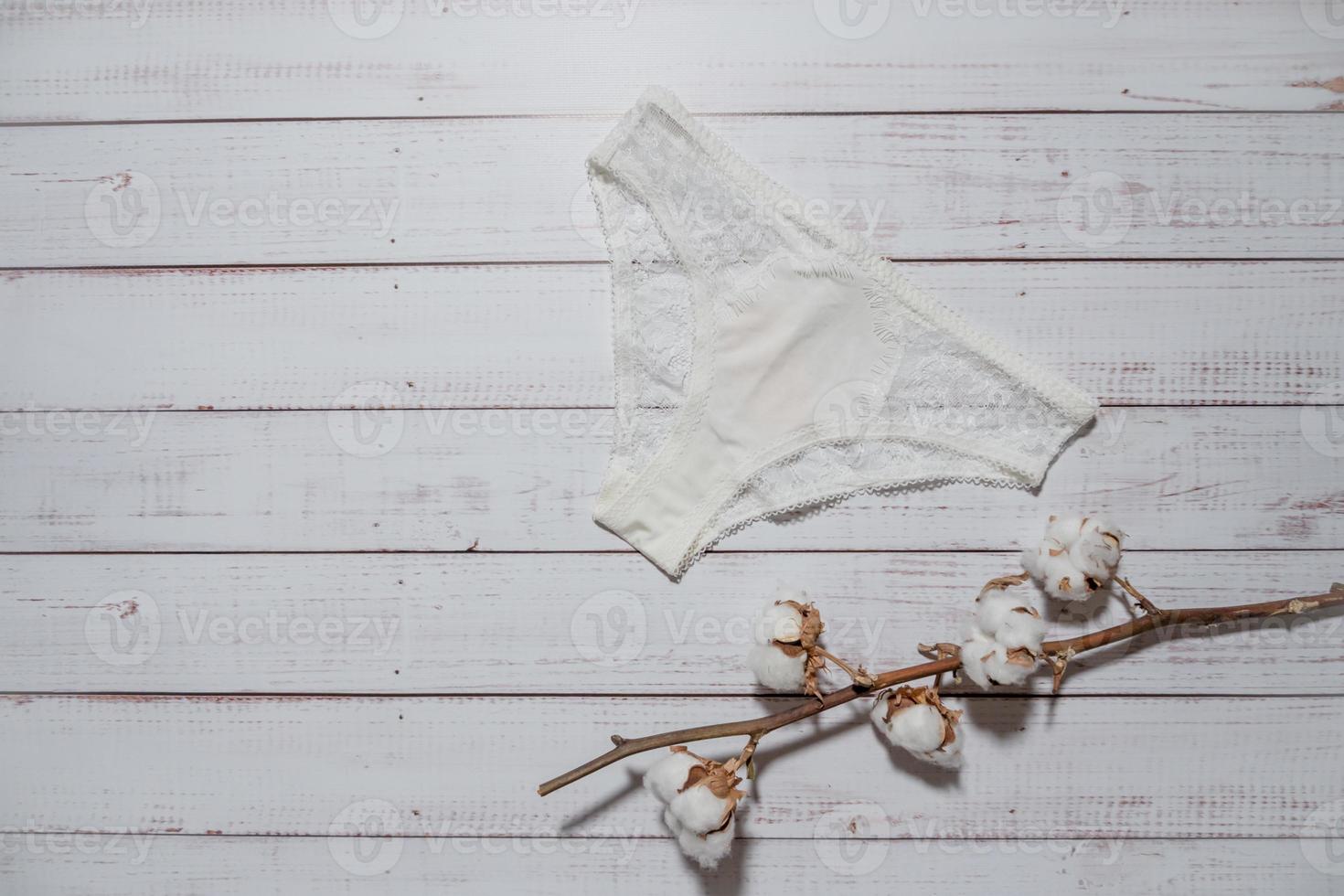 White lace underpants with cotton brunch on wooden background, closeup photo