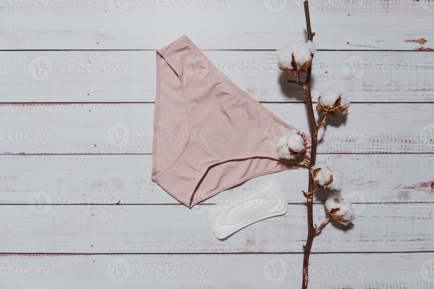 Pink underpants with cotton brunch on wooden background, closeup photo