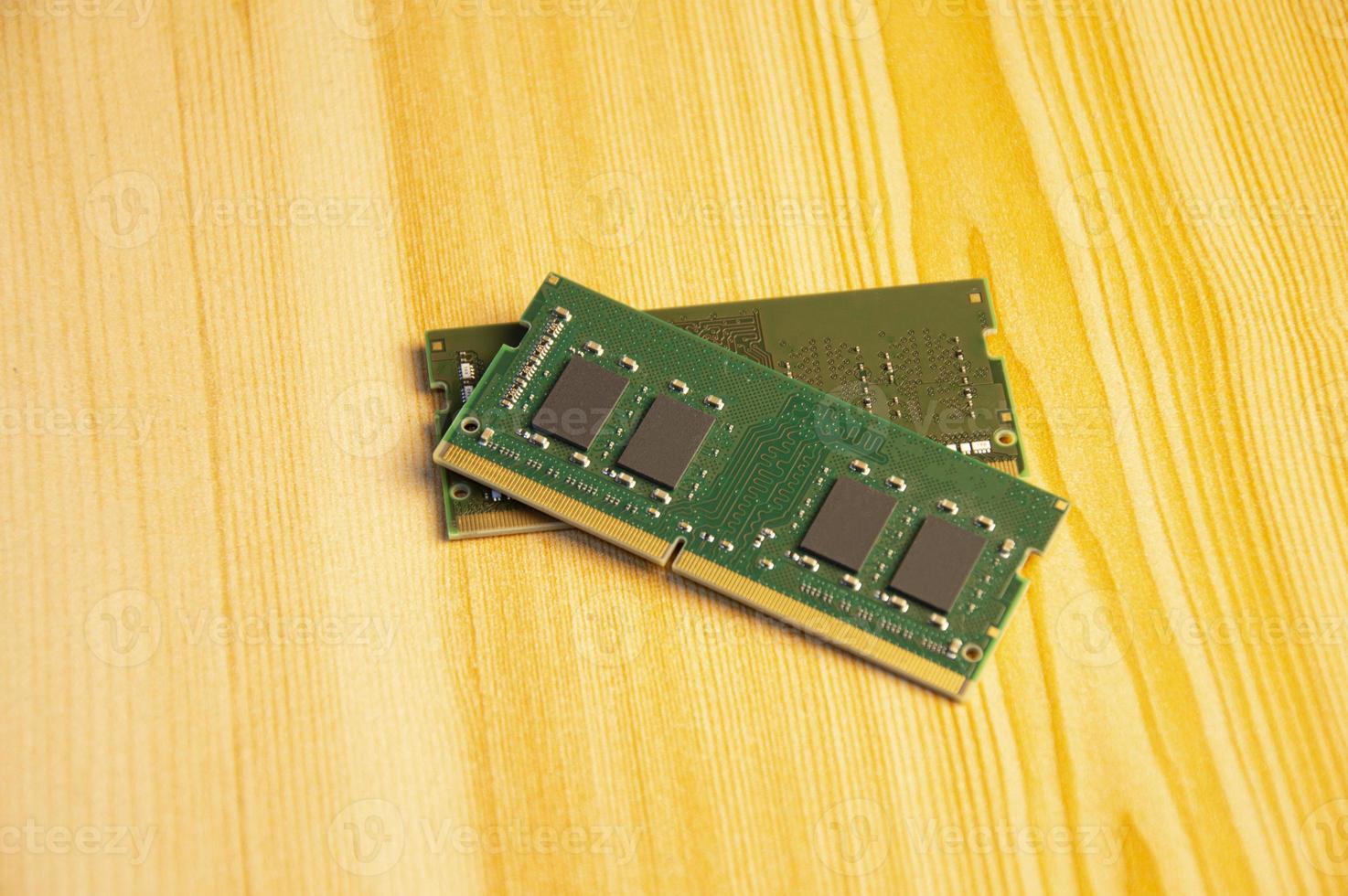 top view ddr4 ram laying on wooden floor photo