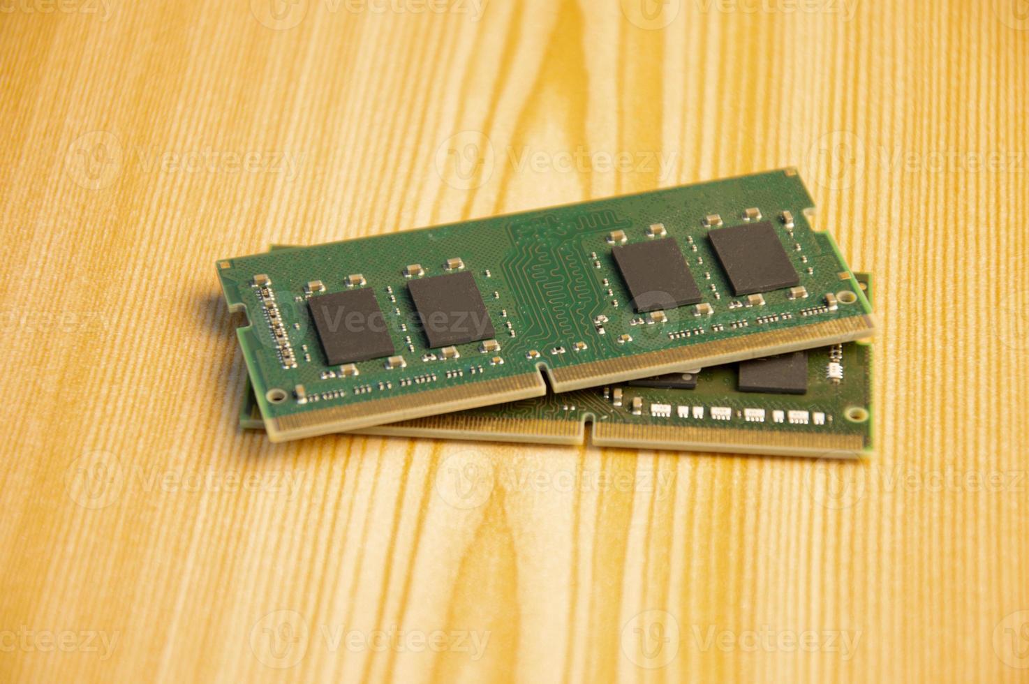 top view ddr4 ram laying on wooden floor photo