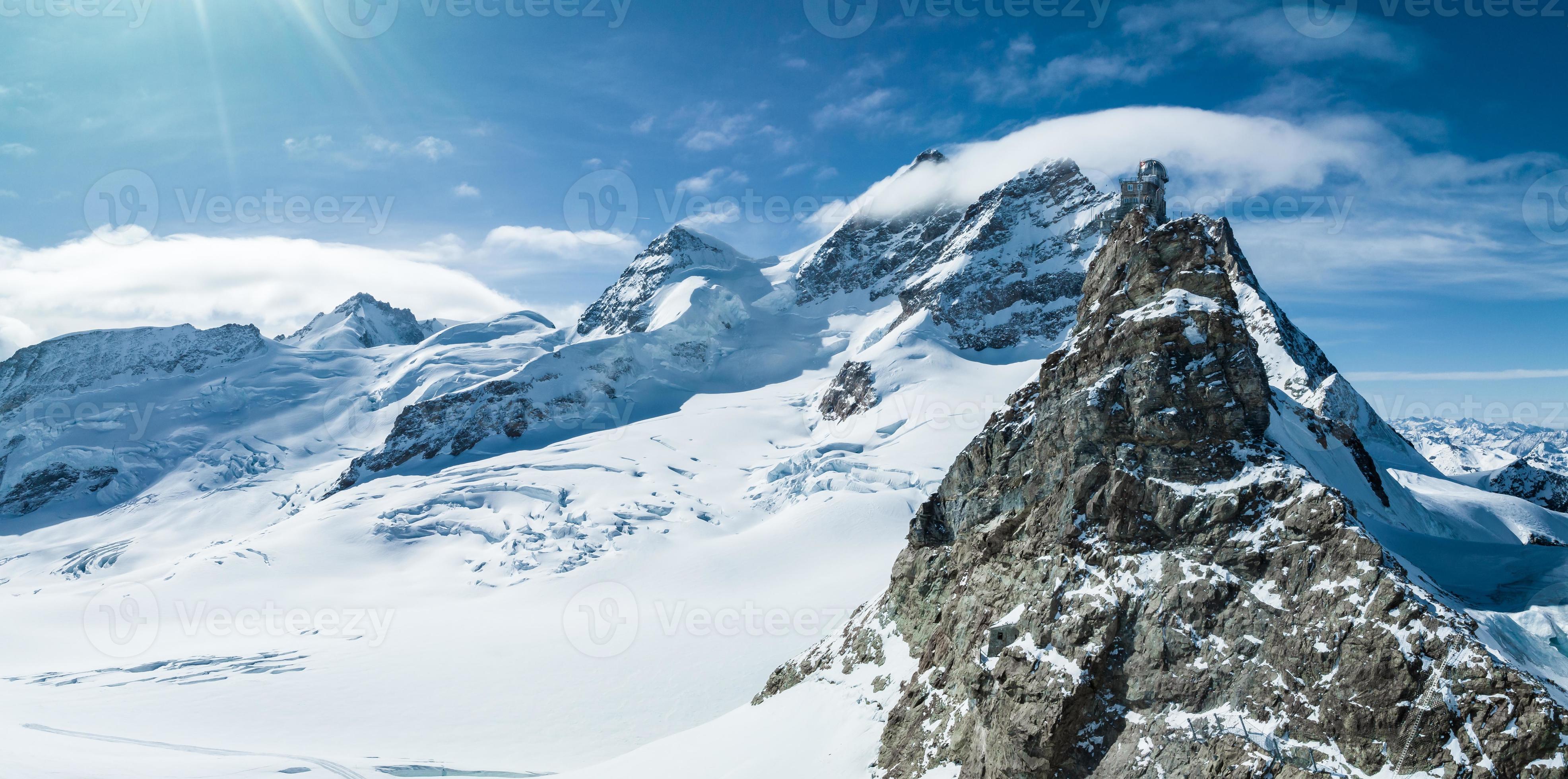Aerial panorama view of the Sphinx Observatory on Jungfraujoch Top of