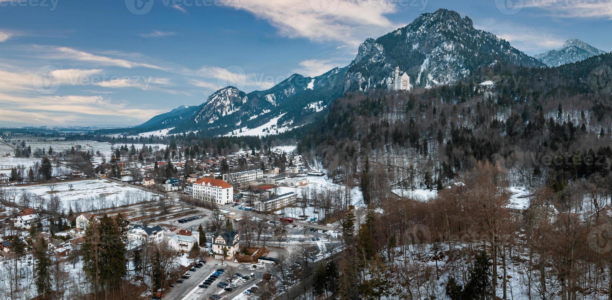 Aerial view of the Neuschwanstein Castle or Schloss Neuschwanstein  on a winter day photo