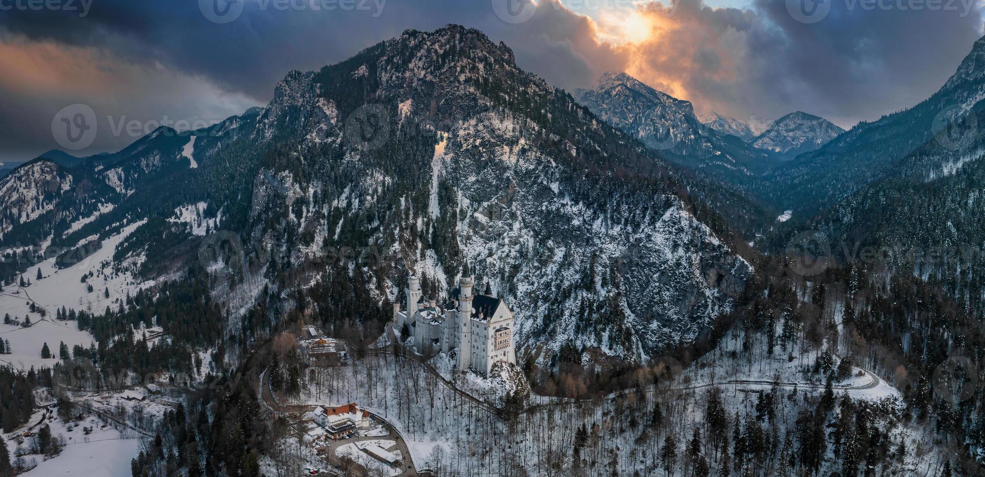 Aerial view of the Neuschwanstein Castle or Schloss Neuschwanstein  on a winter day photo