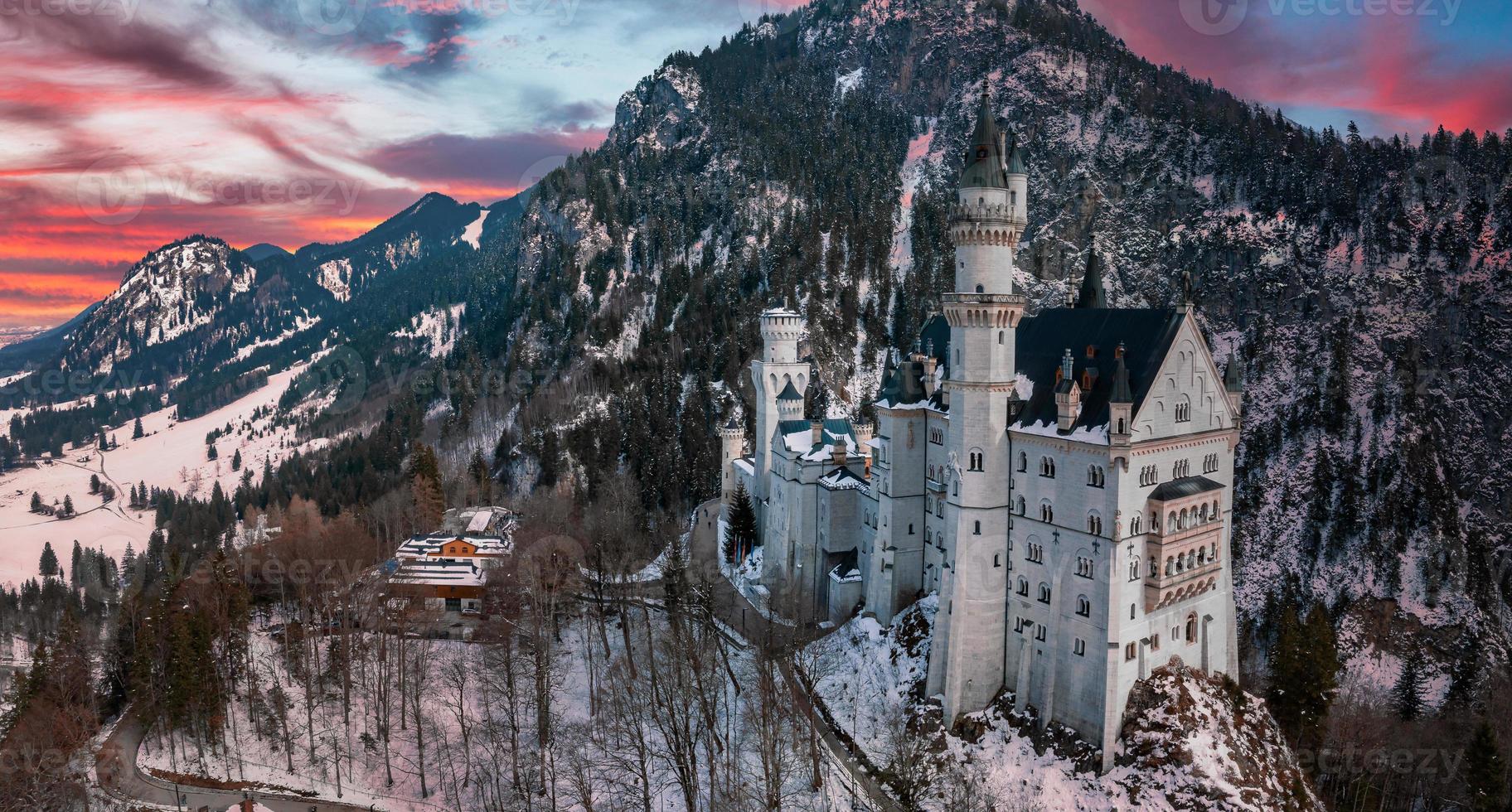 Aerial view of the Neuschwanstein Castle or Schloss Neuschwanstein  on a winter day photo