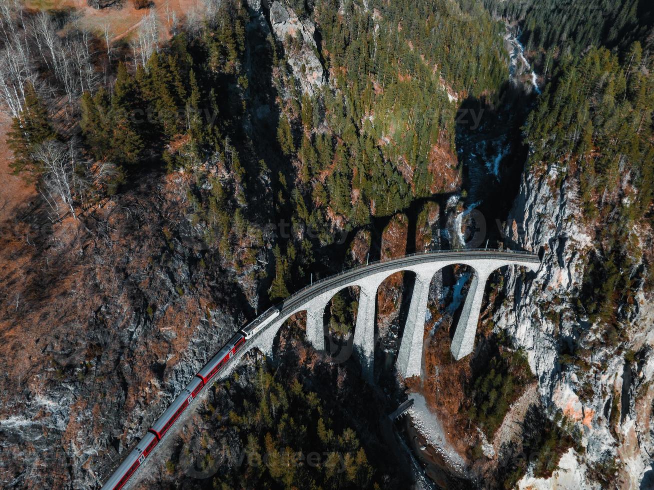 Aerial view famous mountain in Filisur, Switzerland. Landwasser Viaduct - world heritage photo