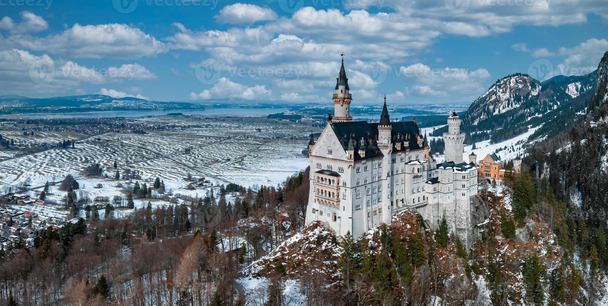 Aerial view of the Neuschwanstein Castle or Schloss Neuschwanstein  on a winter day photo