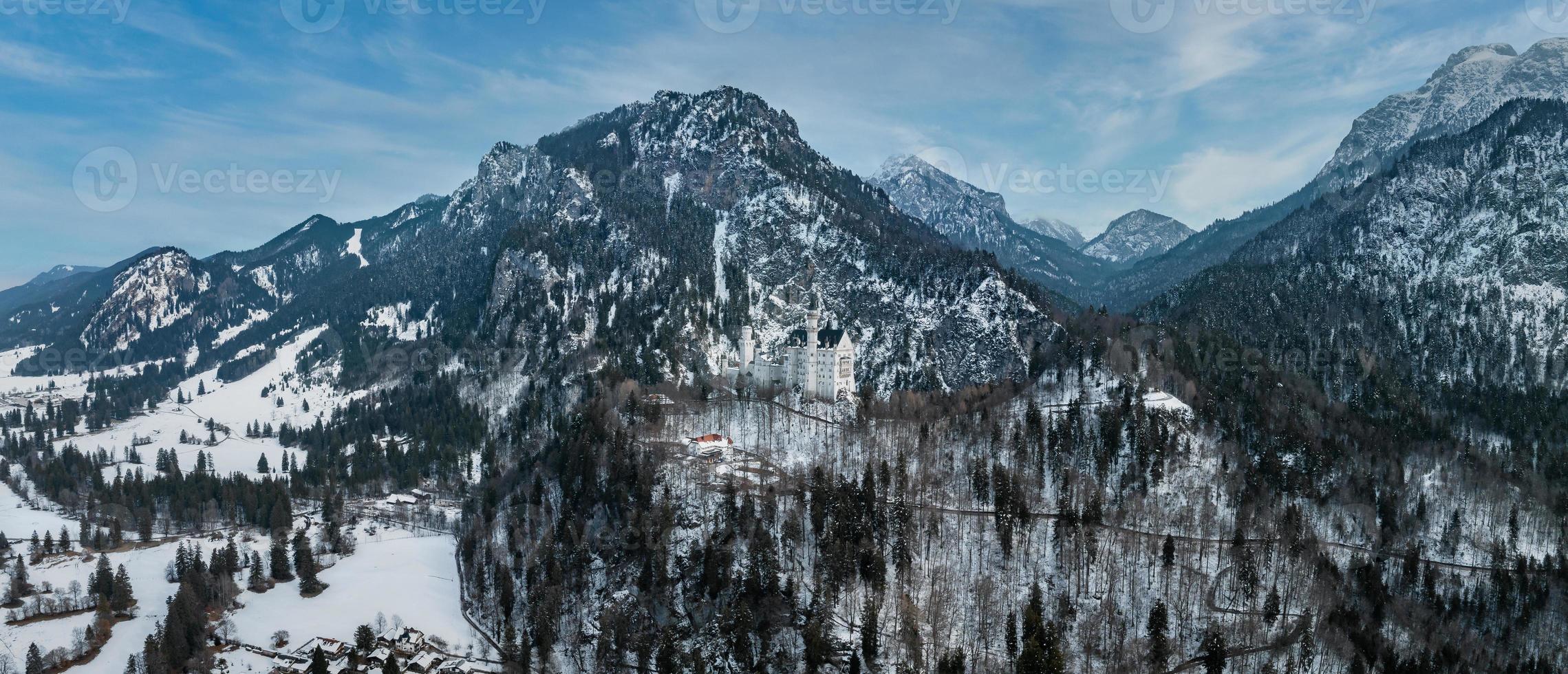 Aerial view of the Neuschwanstein Castle or Schloss Neuschwanstein  on a winter day photo