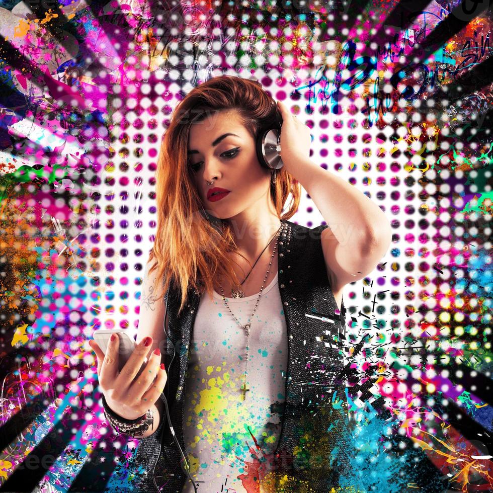 Girl dj on colorful background photo