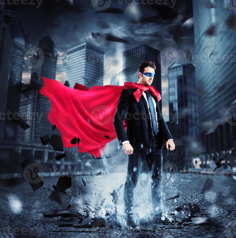 City superhero with red cape photo