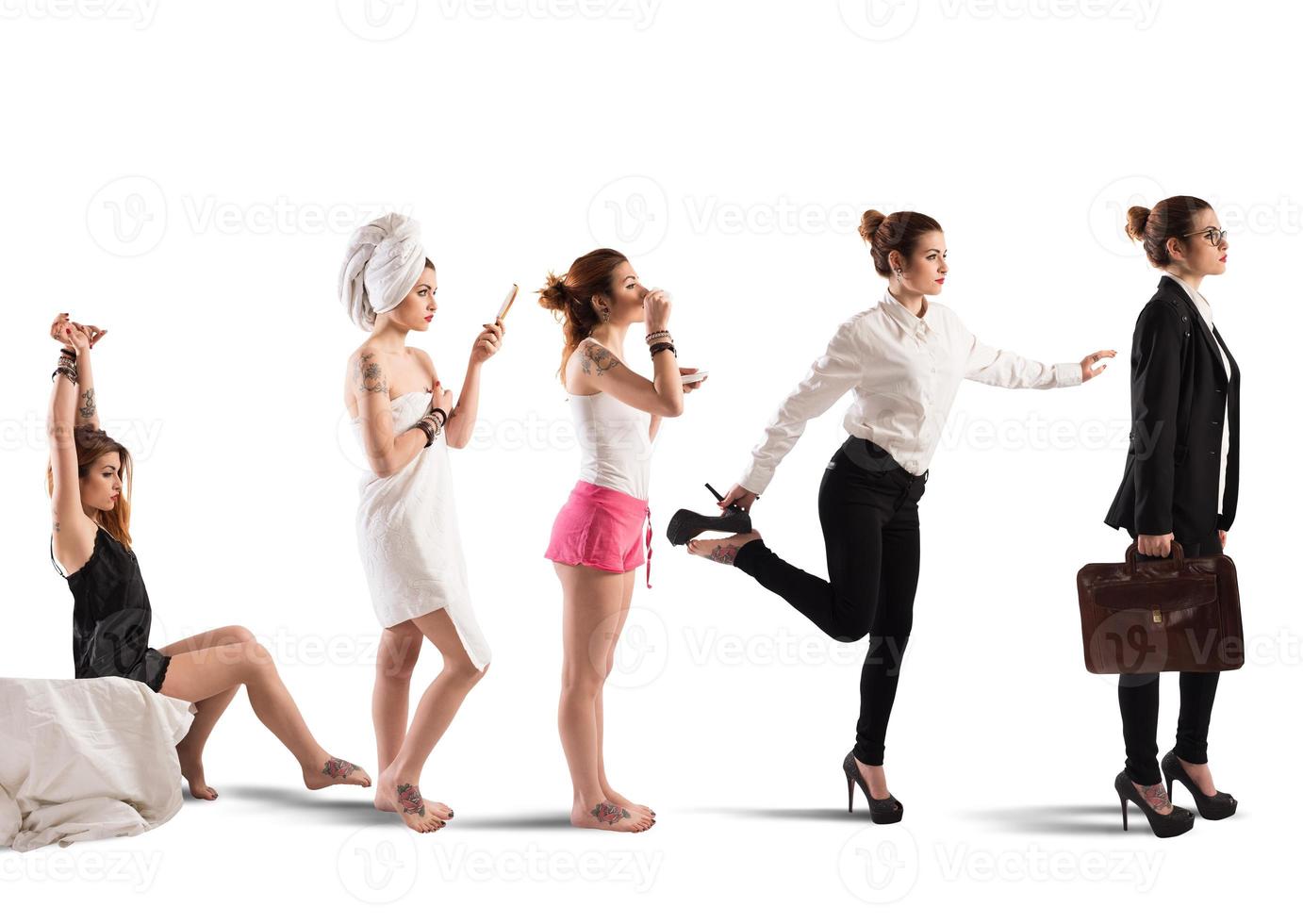 Businesswoman routine on white background photo