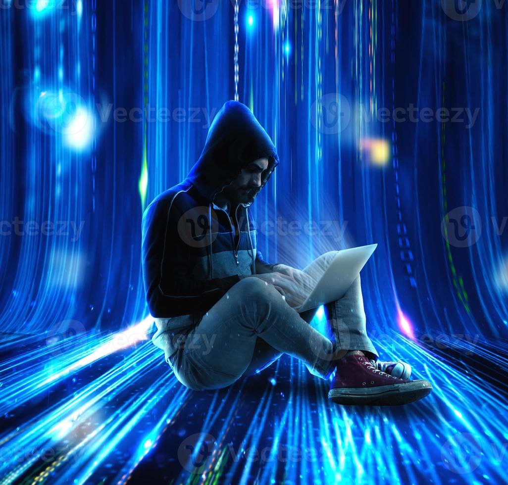 Mysterious hacker on technology background photo