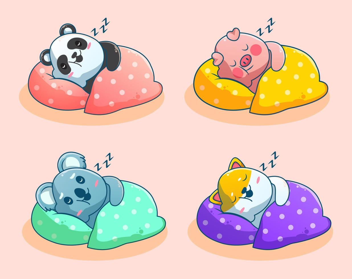 cute sleeping animal cartoon set vector