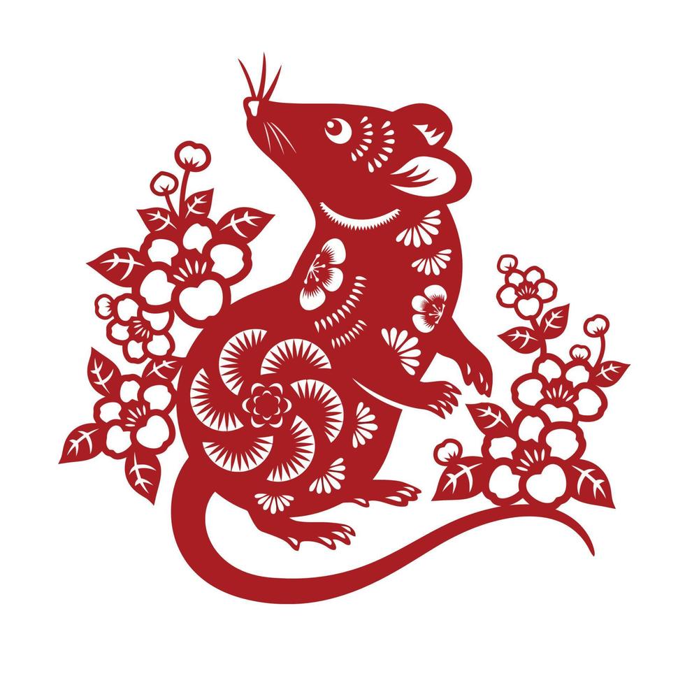 Chinese Zodiac Sign Year of Rat, Red paper cut rat, Happy Chinese New Year 2024 year of the rat vector