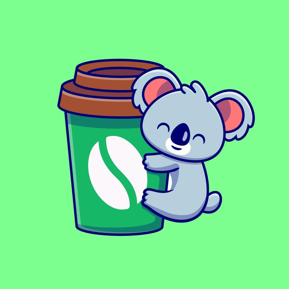 Cute Koala Hug Coffee Cup Cartoon Vector Icon Illustration. Animal Drink Icon Concept Isolated Premium Vector. Flat Cartoon Style