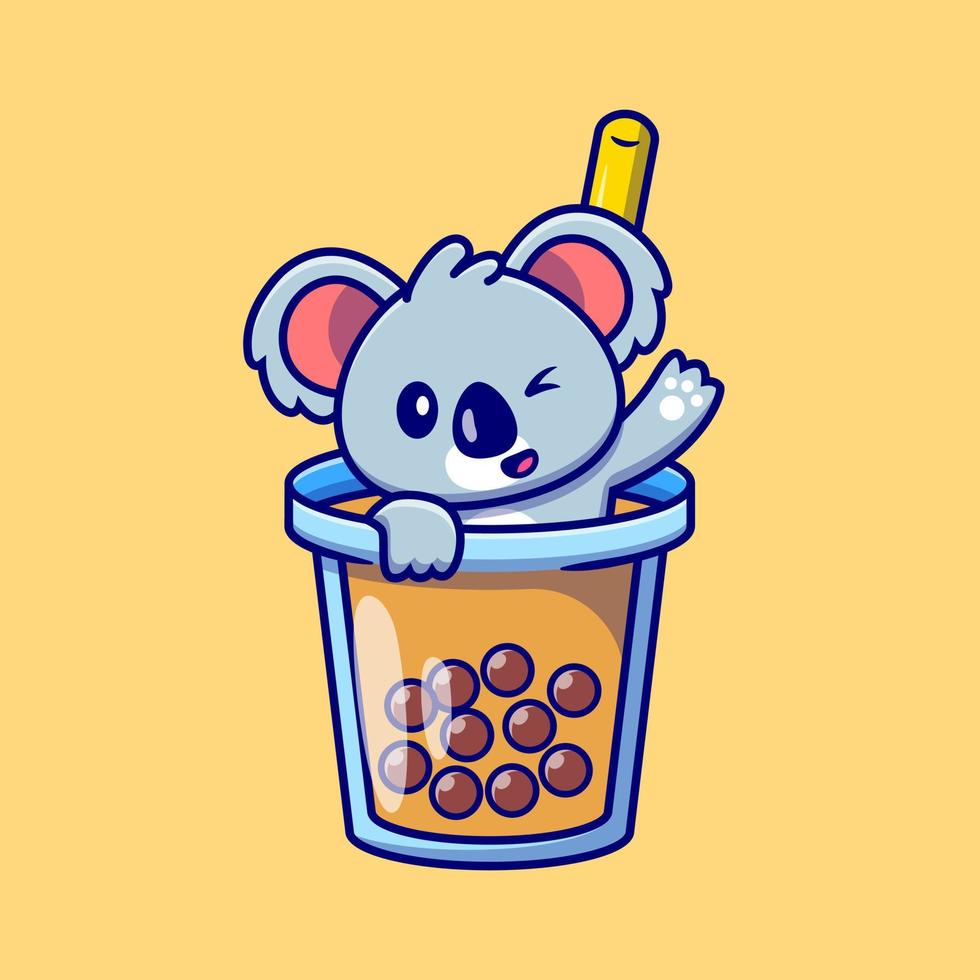 Cute Koala Waving In Boba Milk Tea Cup Cartoon Vector Icon Illustration. Animal Drink Icon Concept Isolated Premium Vector. Flat Cartoon Style