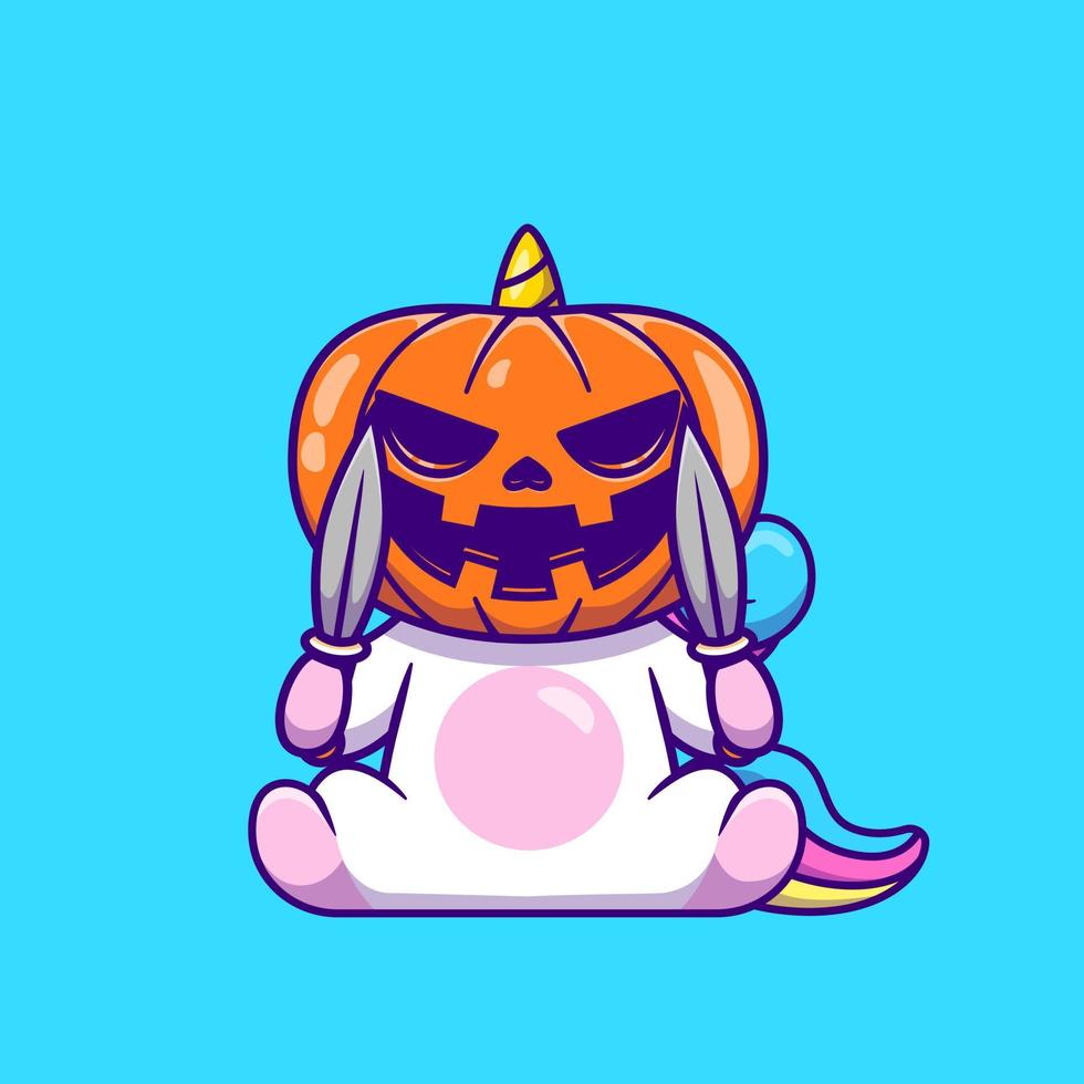 Cute Unicorn Wearing Halloween Pumpkin Mask With Knife Cartoon Vector Icon Illustration. Animal Holiday Icon Concept Isolated Premium Vector. Flat Cartoon Style