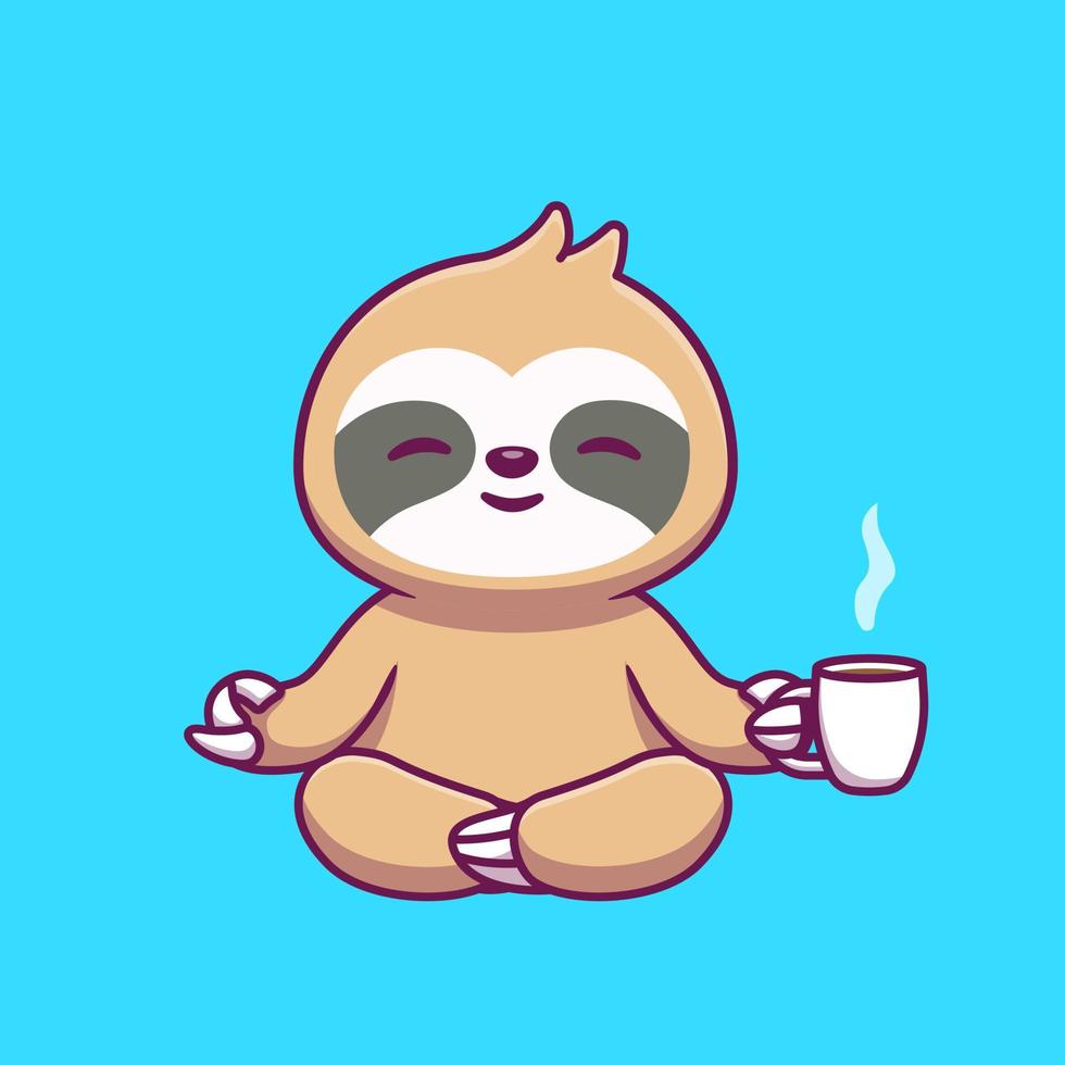 Cute Sloth Yoga Holding Coffee Cartoon Vector Icon Illustration. Animal Food And Drink Icon Concept Isolated Premium Vector. Flat Cartoon Style