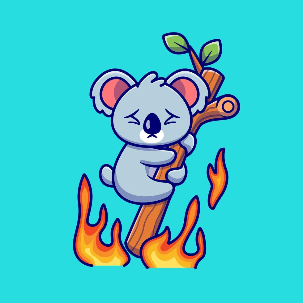 Cute Koala Hanging On Burning Tree Cartoon Vector Icon Illustration. Animal Nature Icon Concept Isolated Premium Vector. Flat Cartoon Style