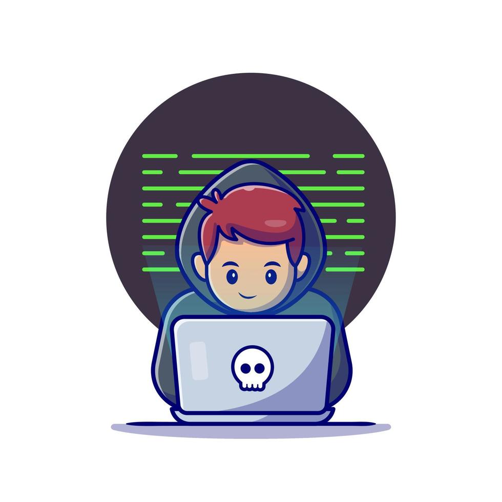 Hacker Operating Laptop Cartoon Vector Icon Illustration. People Technology Icon Concept Isolated Premium Vector. Flat Cartoon Style