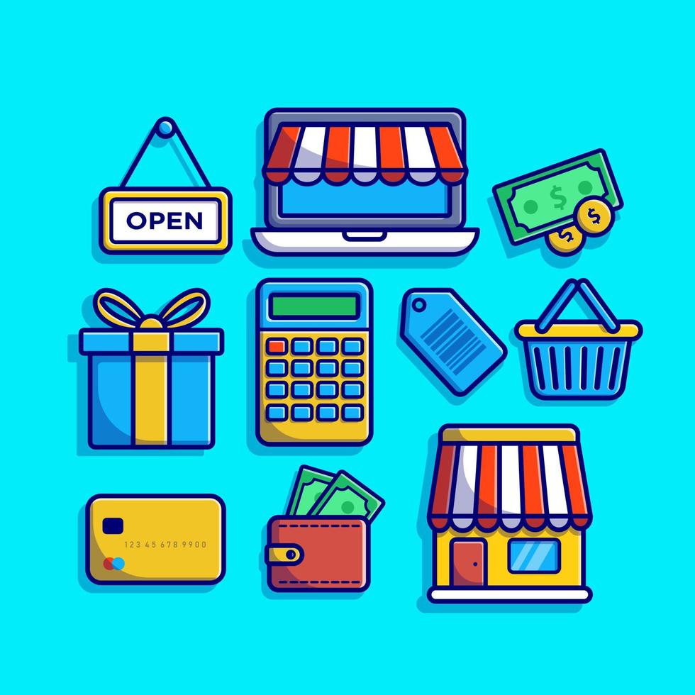 compras elemento conjunto dibujos animados vector icono ilustración. negocio Finanzas icono concepto aislado prima vector. plano dibujos animados estilo