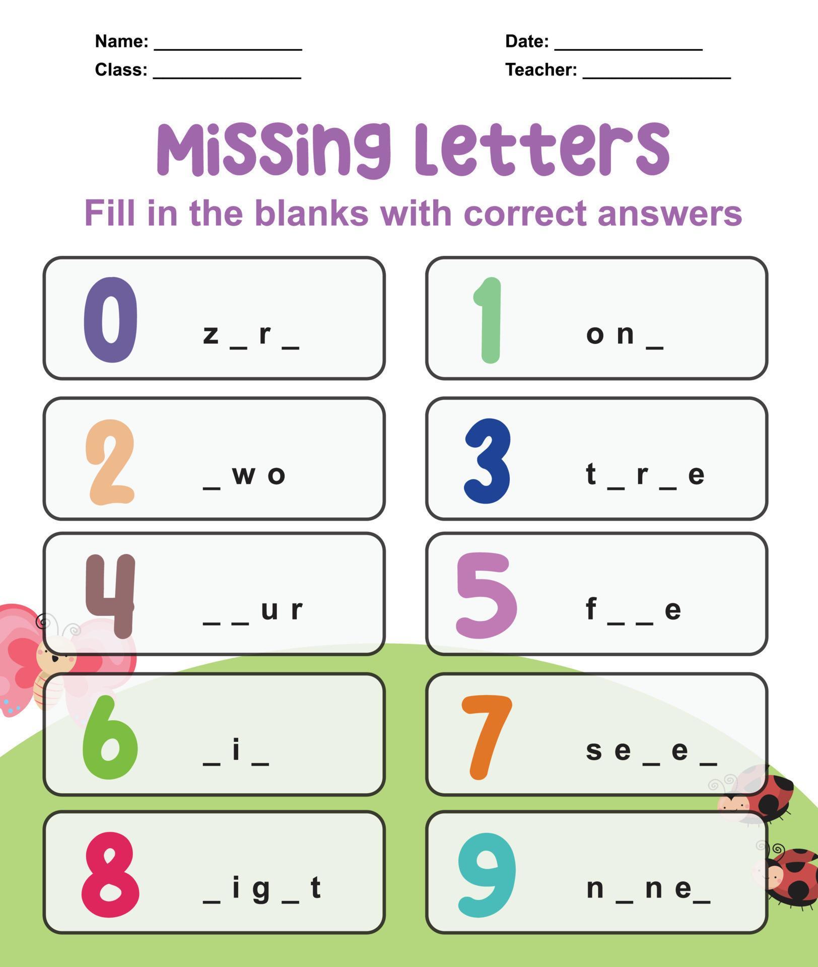 Missing letter worksheet. Complete the letters for number in English ...