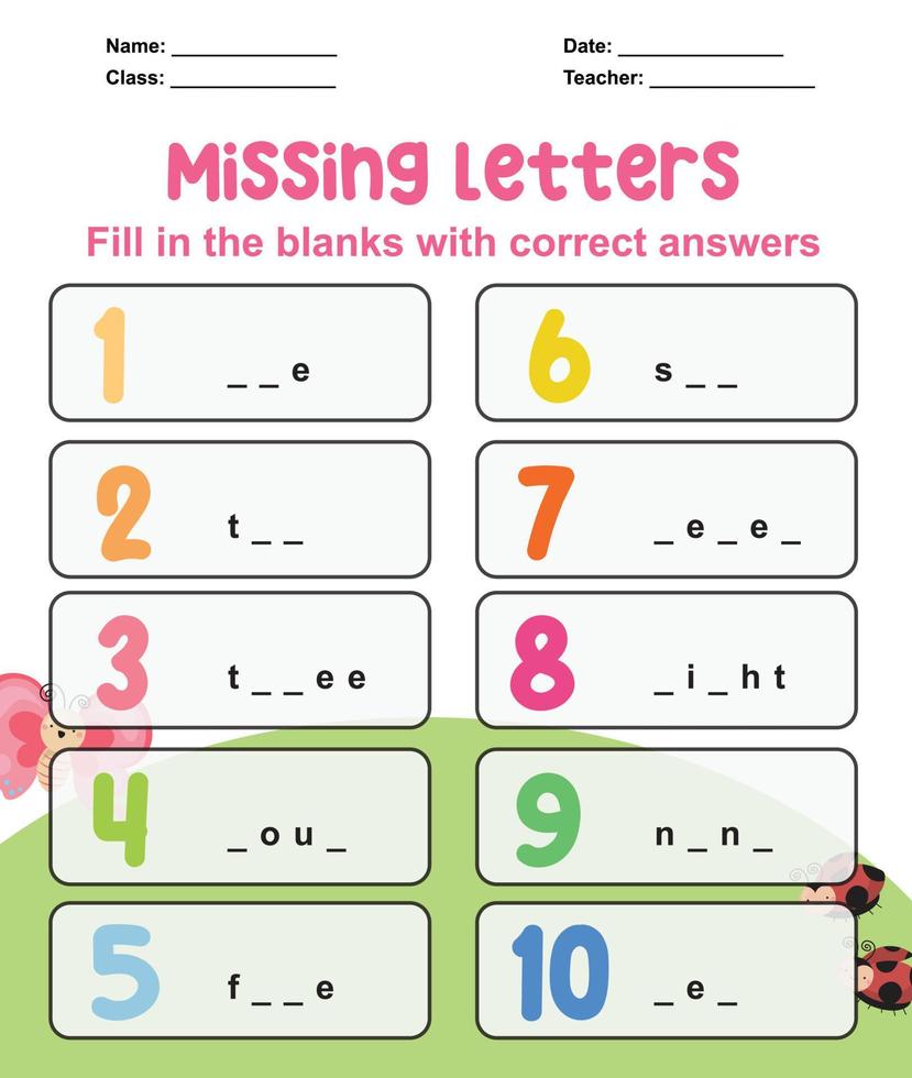 Missing letter worksheet. Complete the letters for number in English. Kids educational game. Printable worksheet for preschool. Writing practice. Vector file.