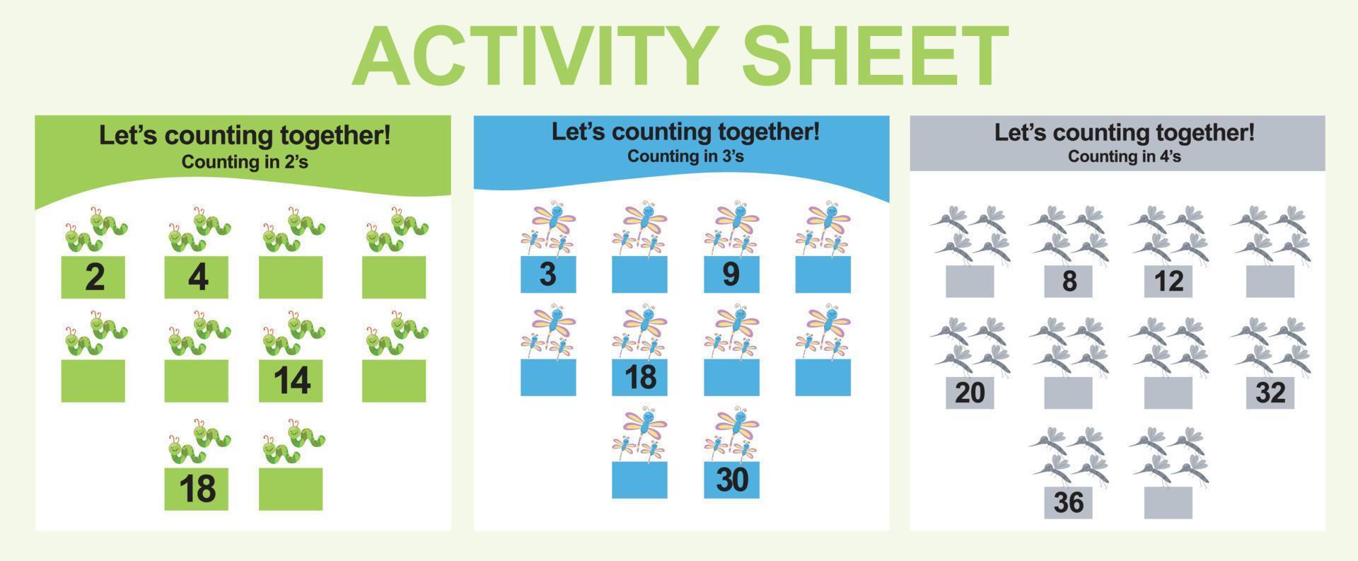 Activity sheet for children. 3 in 1 Educational printable worksheet. Count and write activity for kids. Vector illustrations.