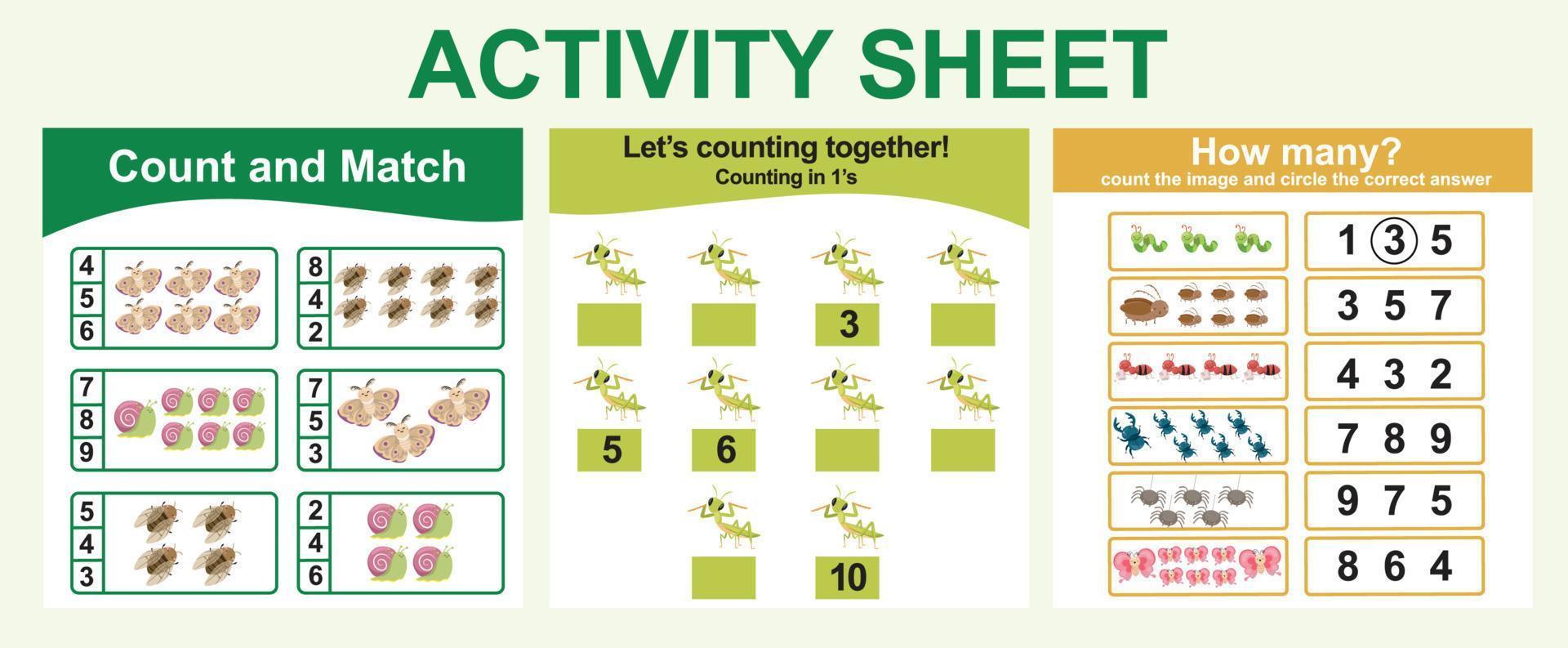 Activity sheet for children. 3 in 1 Educational printable worksheet. Count and write activity for kids. Vector illustrations.