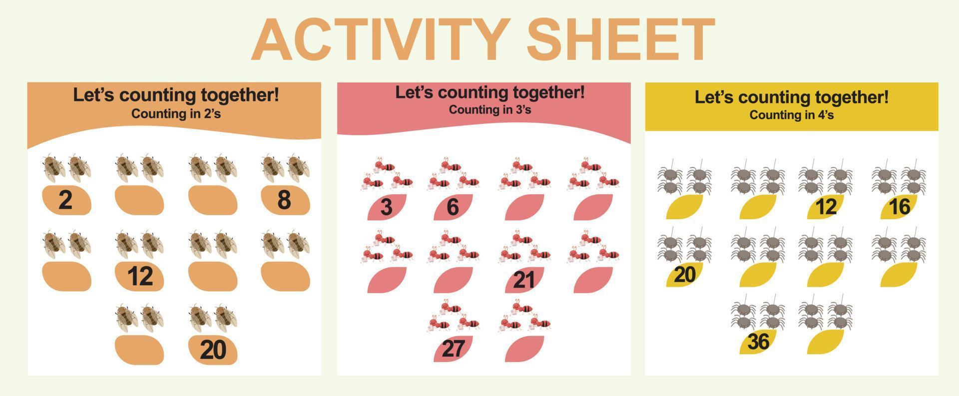 Activity sheet for children. 3 in 1 Educational printable worksheet. Count and write activity for kids. Vector illustrations.