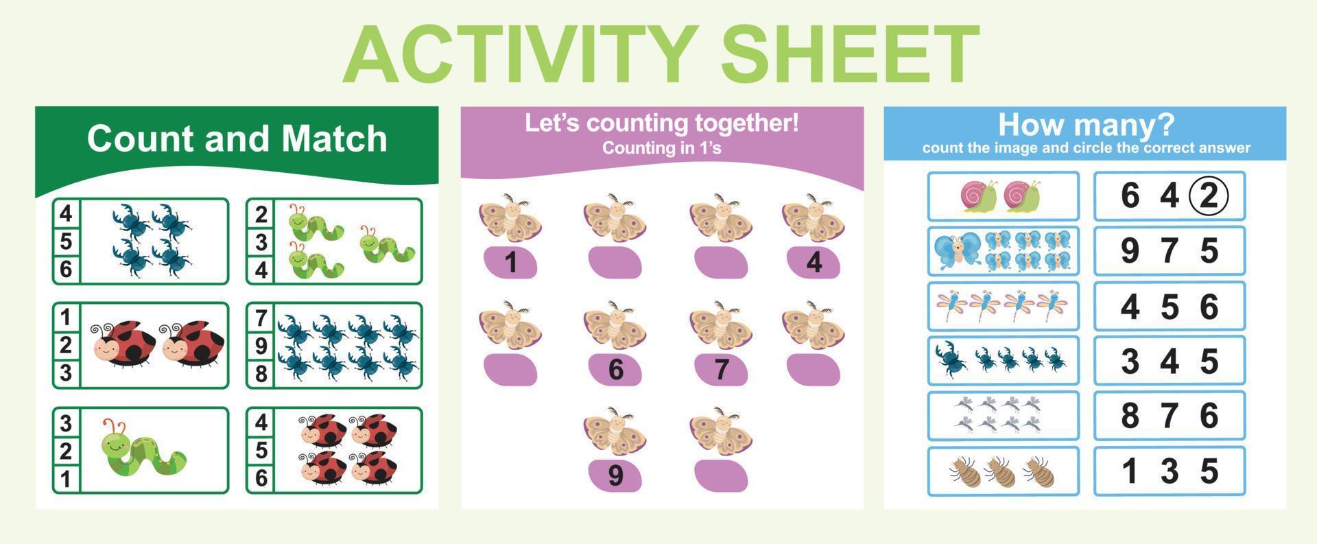 Activity sheet for children. 3 in 1 Educational printable worksheet. Count and write activity for kids. Vector illustrations.