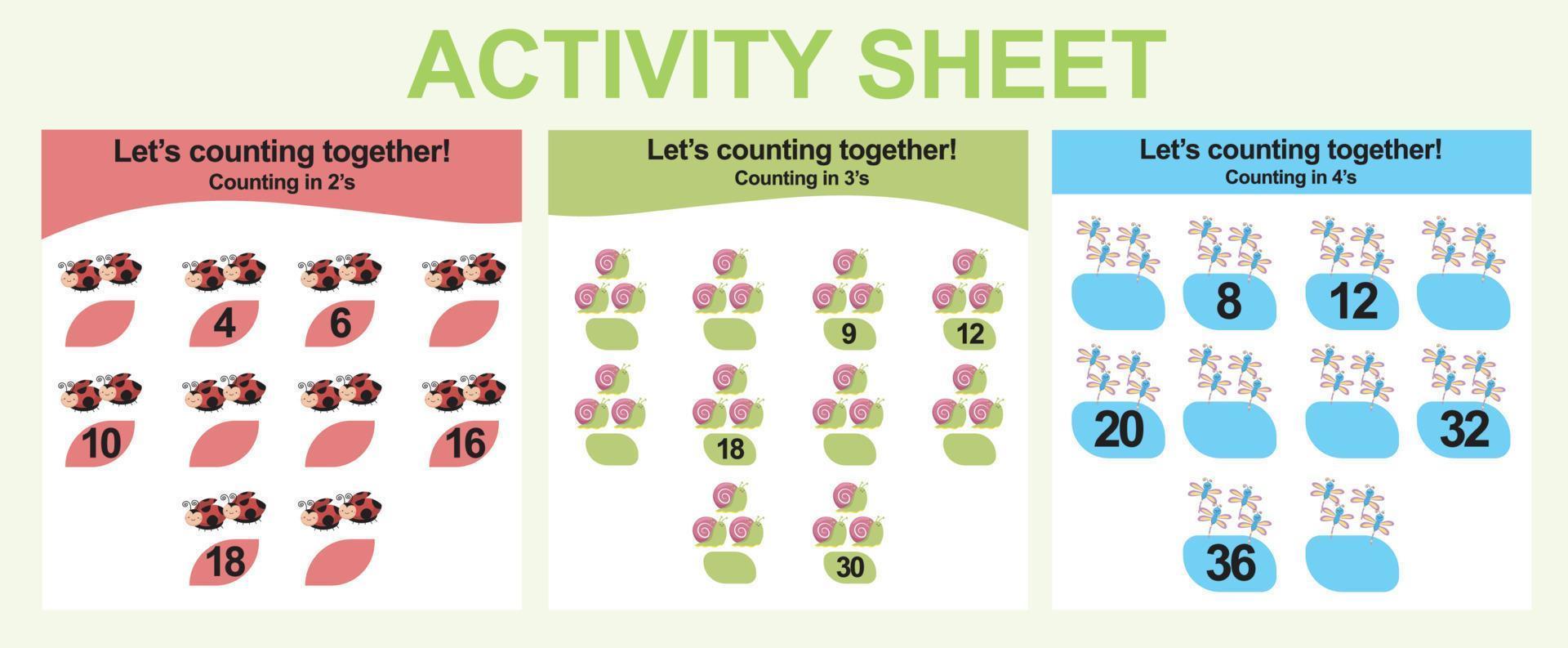 Activity sheet for children. 3 in 1 Educational printable worksheet. Count and write activity for kids. Vector illustrations.