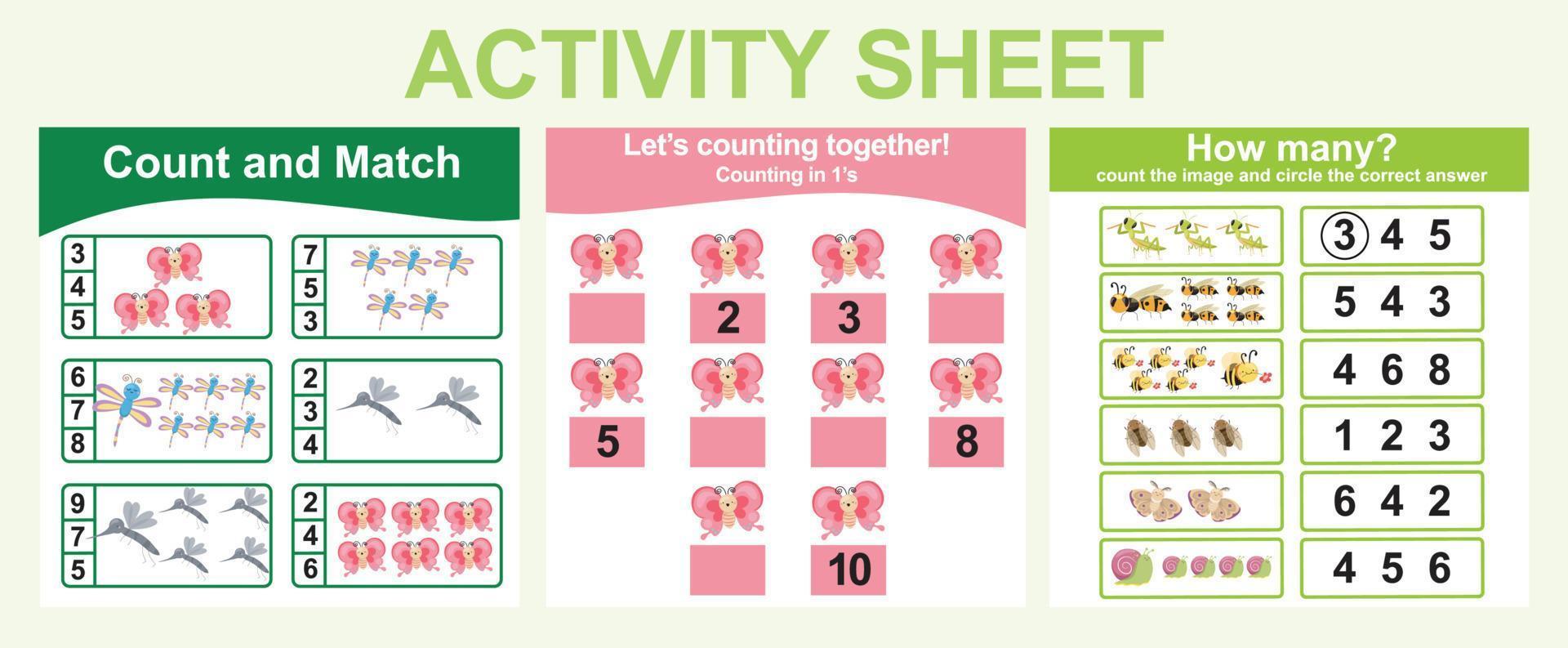 Activity sheet for children. 3 in 1 Educational printable worksheet. Count and write activity for kids. Vector illustrations.