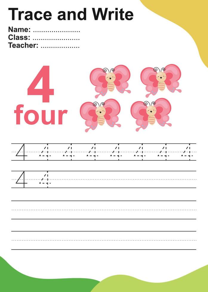 Trace and write number for children. Exercise for children to recognize the number. Writing activity for kids. Vector file.