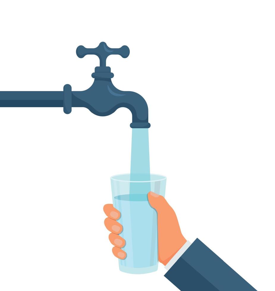 Water tap with glass. Filling cup beverage. Vector illustration