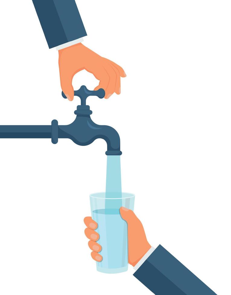 Hand opens or closes a water tap, save water,concept of eco and world water day. vector