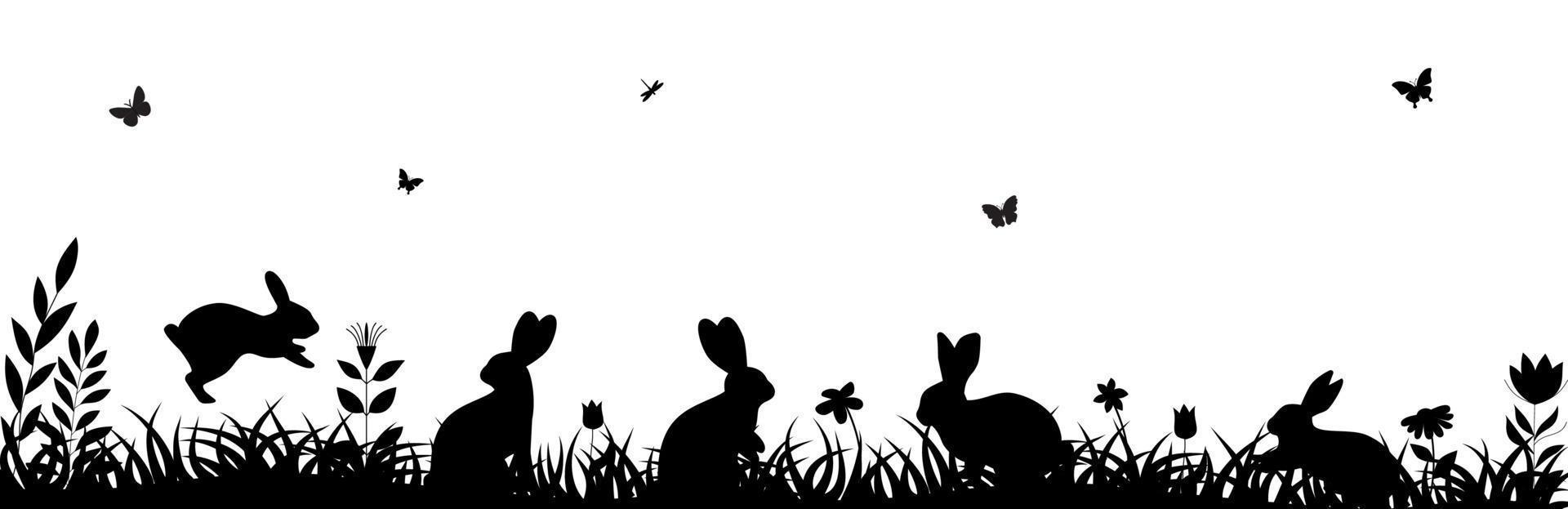 Easter illustration with rabbit and grass and eggs.Easter Background with rabbit and easter eggs. Silhouette vector graphics.