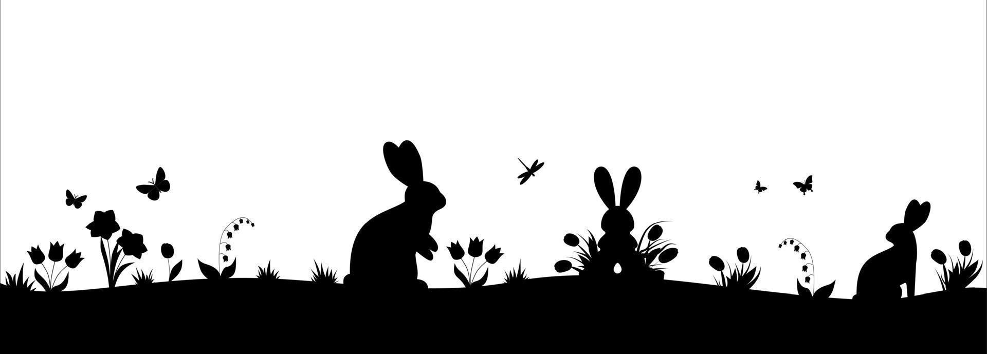 Easter illustration with rabbit and grass and eggs.Easter Background with rabbit and easter eggs. Silhouette vector graphics.