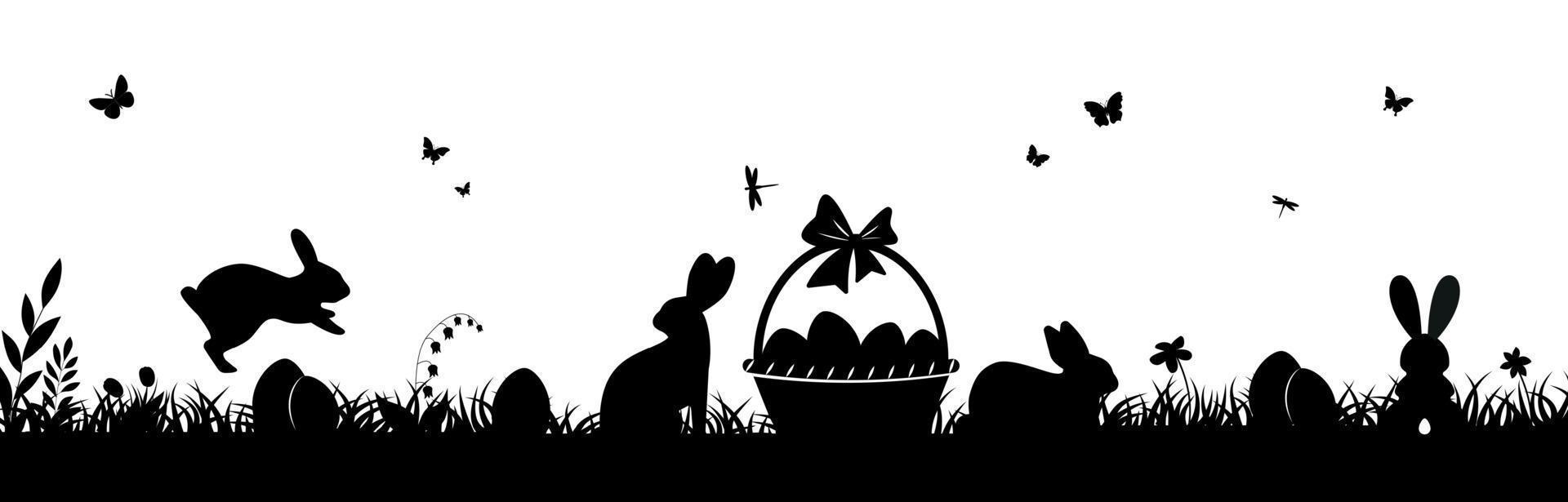 Easter illustration with rabbit and grass and eggs.Easter Background with rabbit and easter eggs. Silhouette vector graphics.