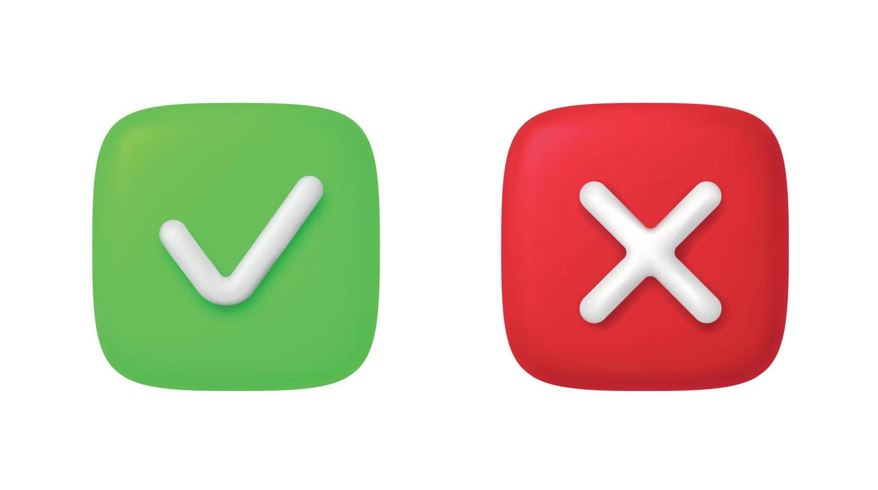 3D Right and Wrong Button in Round Shape. Green Yes and Red No Correct Incorrect Sign. Checkmark Tick Rejection, Cancel, Error, Stop, Negative, Agreement Approval or Trust Symbol. Vector Illustration