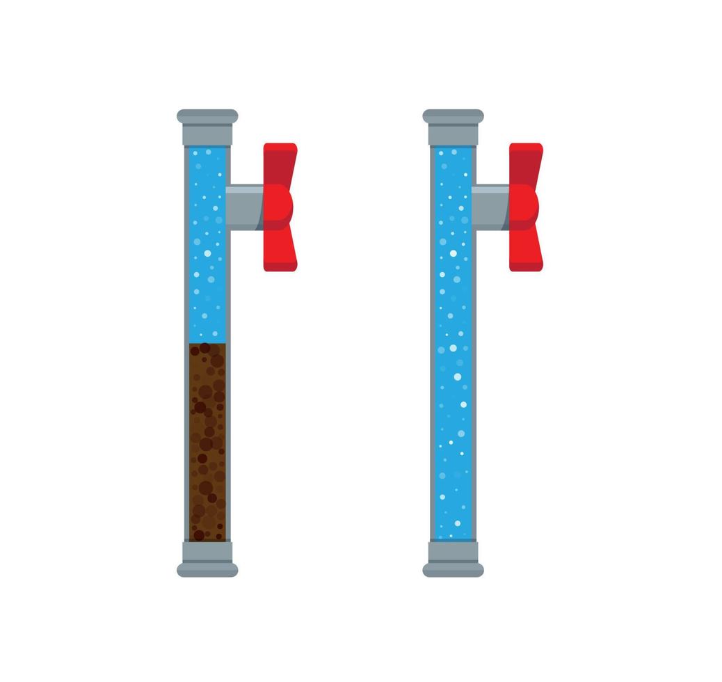 A vector stock illustration with clogged pipe and trash inside isolated on a white background. The sectional pipe is blocked, water sludge. A flat stock illustration as a concept of plumbing problems