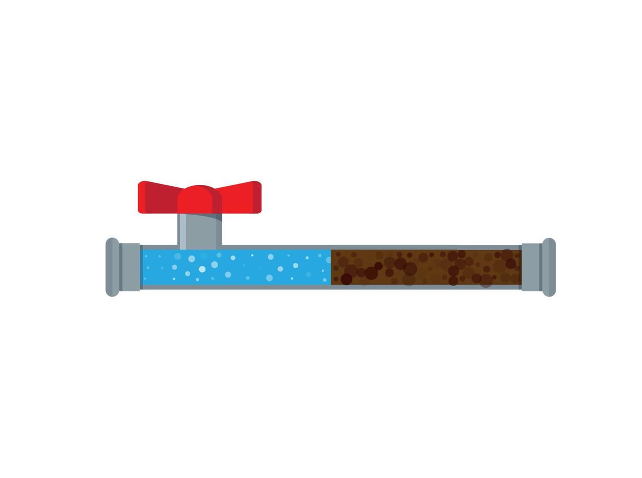 A vector stock illustration with clogged pipe and trash inside isolated on a white background. The sectional pipe is blocked, water sludge. A flat stock illustration as a concept of plumbing problems