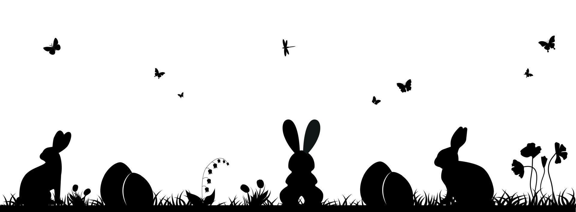 Easter illustration with rabbit and grass and eggs.Easter Background with rabbit and easter eggs. Silhouette vector graphics.