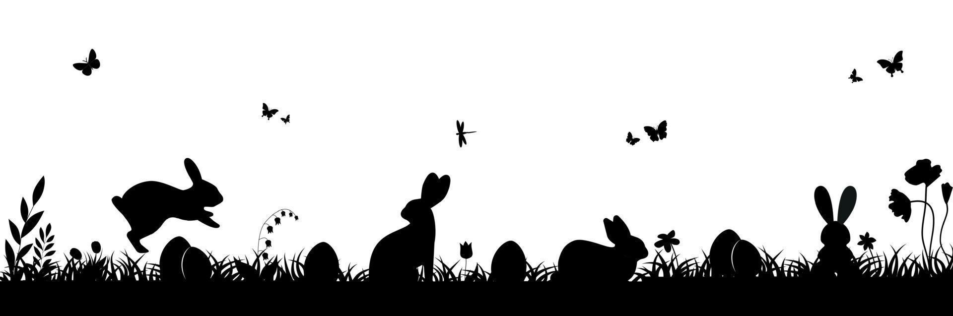 Easter illustration with rabbit and grass and eggs.Easter Background with rabbit and easter eggs. Silhouette vector graphics.