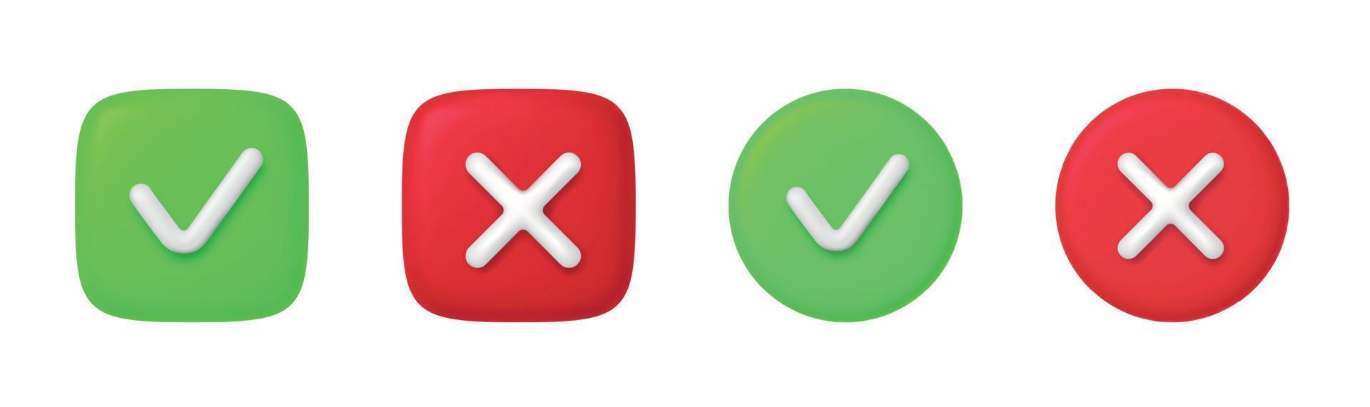 3D Right and Wrong Button in Round Shape. Green Yes and Red No Correct Incorrect Sign. Checkmark Tick Rejection, Cancel, Error, Stop, Negative, Agreement Approval or Trust Symbol. Vector Illustration