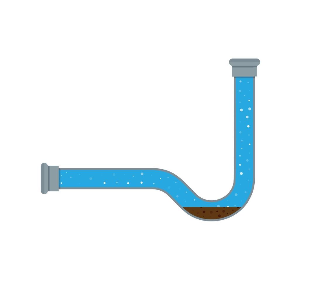 A vector stock illustration with clogged pipe and trash inside isolated on a white background. The sectional pipe is blocked, water sludge. A flat stock illustration as a concept of plumbing problems