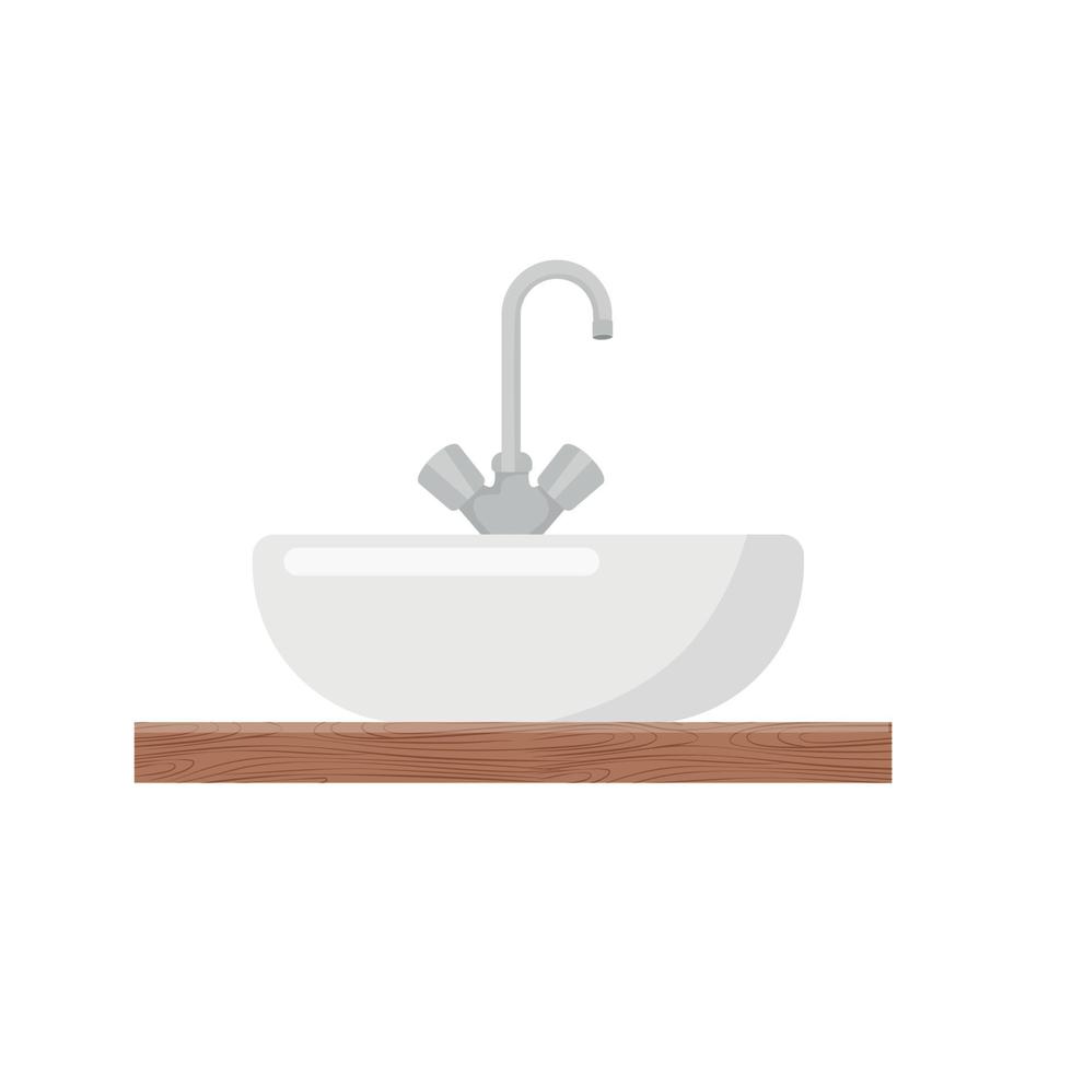 White Bathroom Sink Basin with Tap and Shelf Isolated on White Background Vector Illustration
