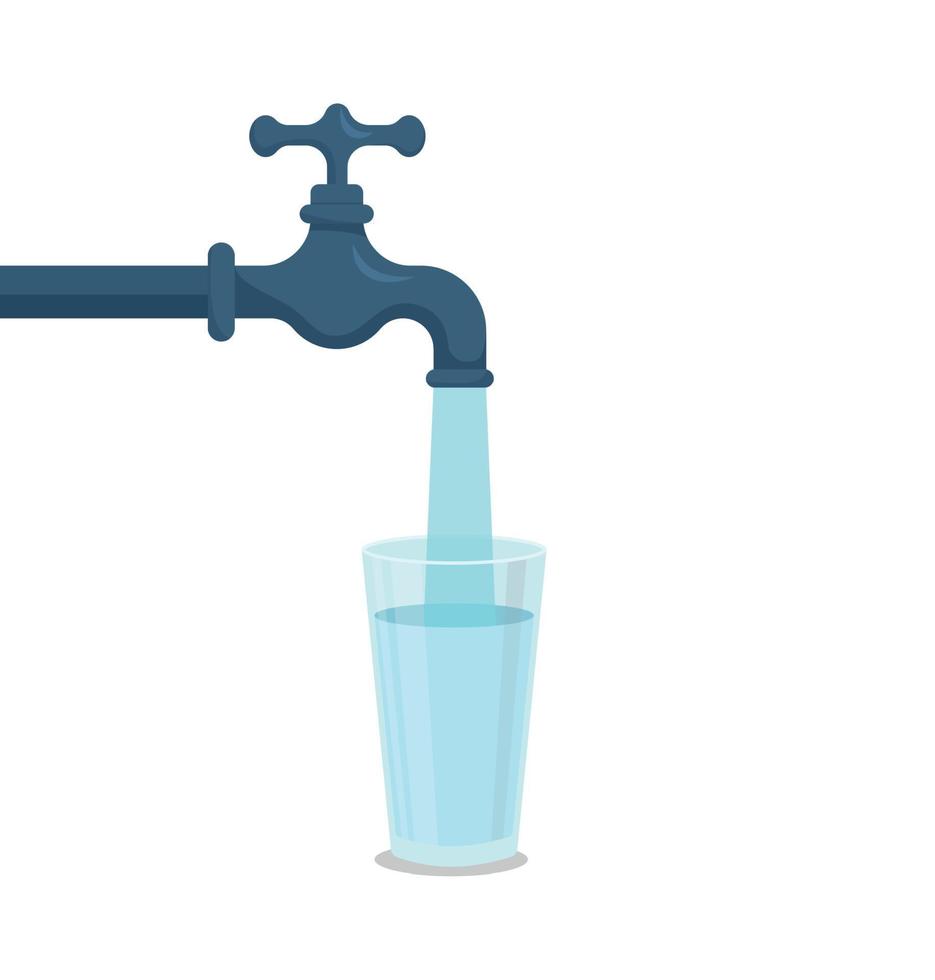 Water tap with glass. Filling cup beverage. Vector illustration.