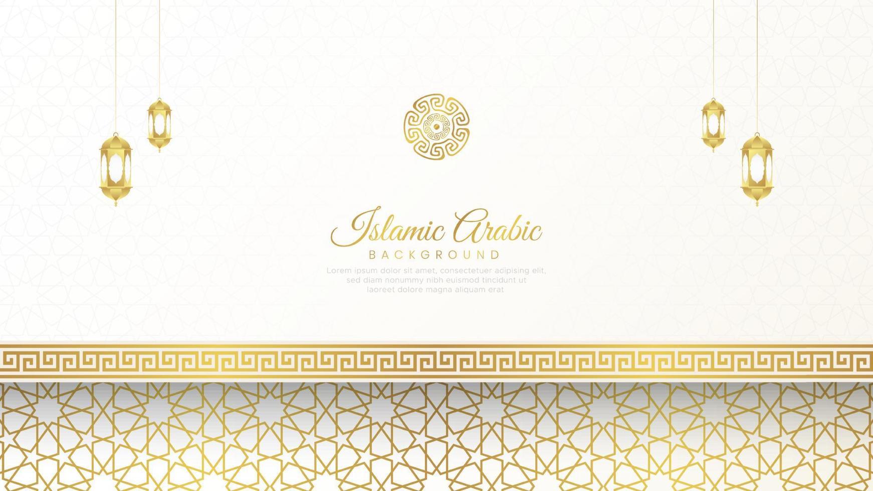 Islamic Arabic White and Golden Luxury Background with Geometric pattern and Beautiful Lanterns vector